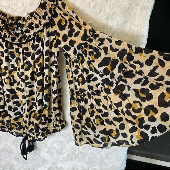 Vintage Havana Off The Shoulder Blouse Small Flowy Leopard Print Bell Sleeve - Picture 5 of 14